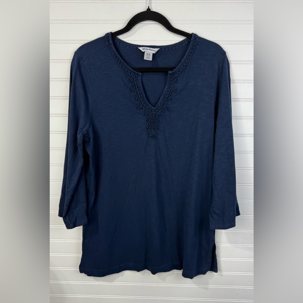 Tommy Bahama women’s navy blue braided collar tunic, 3/4 sleeves. 100% cotton. M - Picture 1 of 6